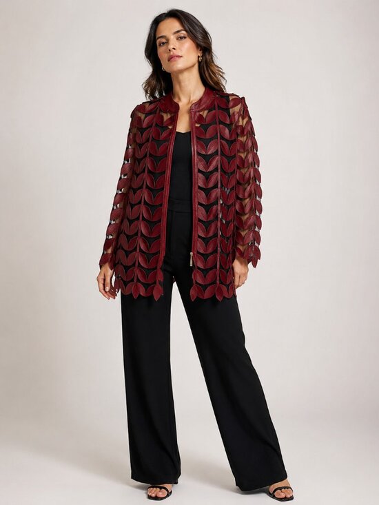 Orika leather Jackets & Blazers - Orika Leather Burgundy Leaf Appliqué Mesh Zip Jacket Vintage Statement Top